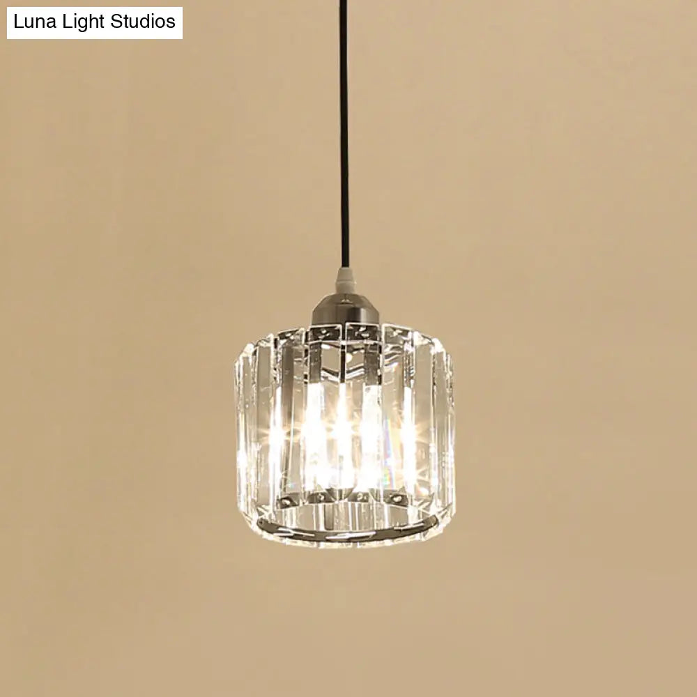 Crystal Pendulum Ceiling Pendant Light - Sleek Chrome Cylinder Design for Bedside Use