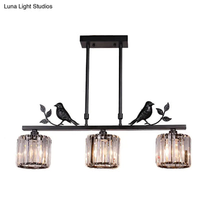 DecorBites™ Crystal Prism Island Light Fixture with Lodge Pendant and Bird-Leaf Decor