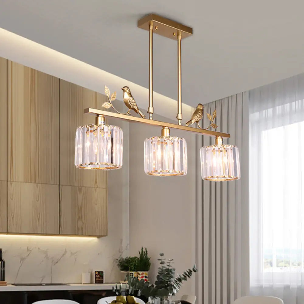 DecorBites™ Crystal Prism Island Light Fixture with Lodge Pendant and Bird-Leaf Decor