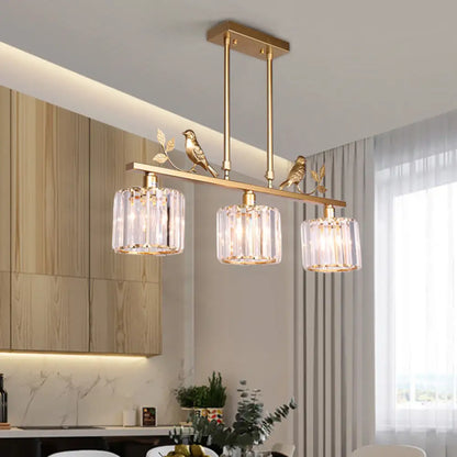 DecorBites™ Crystal Prism Island Light Fixture with Lodge Pendant and Bird-Leaf Decor