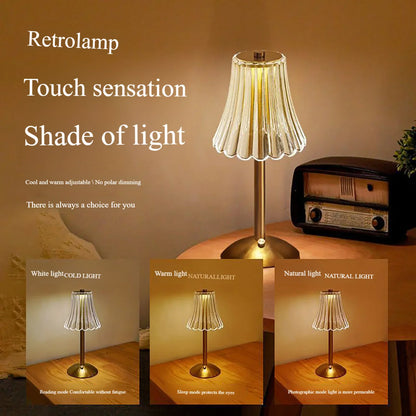 Crystal retro table lamp bedroom bedside lamp luxurious atmosphere lamp rechargeable dimming LED light