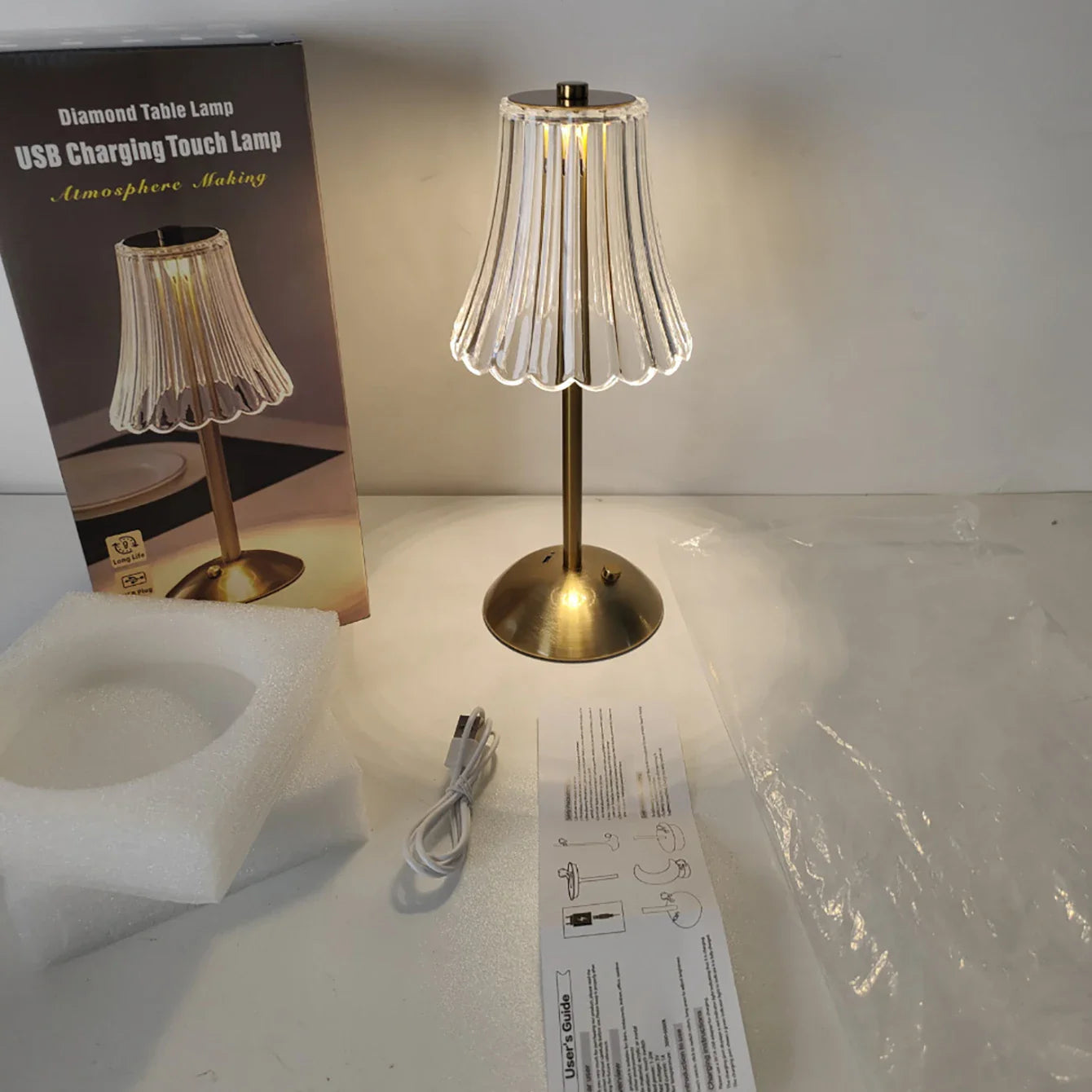 Crystal retro table lamp bedroom bedside lamp luxurious atmosphere lamp rechargeable dimming LED light