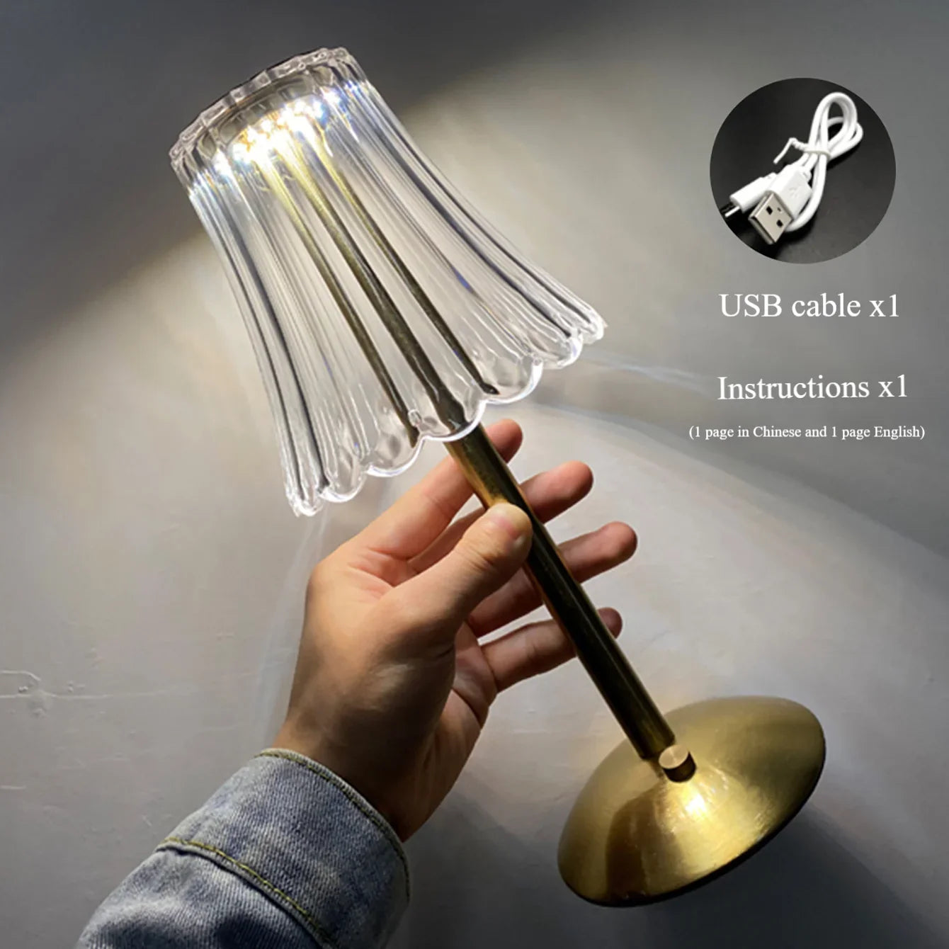 Crystal retro table lamp bedroom bedside lamp luxurious atmosphere lamp rechargeable dimming LED light