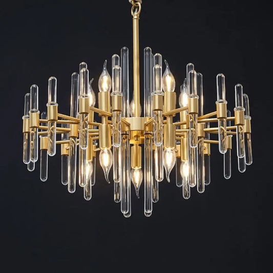 Crystal Rod Drop Chandelier Light - 10 Heads, Postmodern Brass Radial Design for Living Room