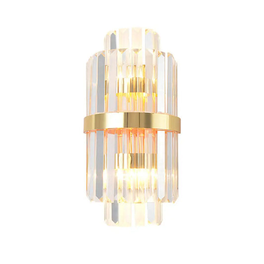 Aplique de pared DecorBites™ Crystal Rod en dorado: elegante iluminación de doble bombilla para paredes de sala de estar.