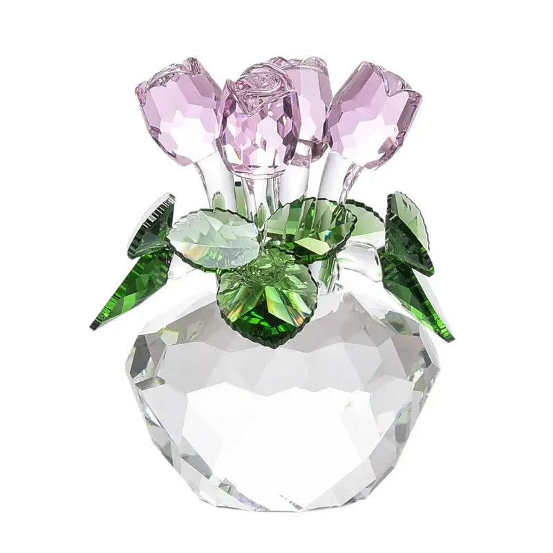 A sparkling crystal rose flower dreams glass paperweight bouquet with faceted pink and green gemstone flowers for decor