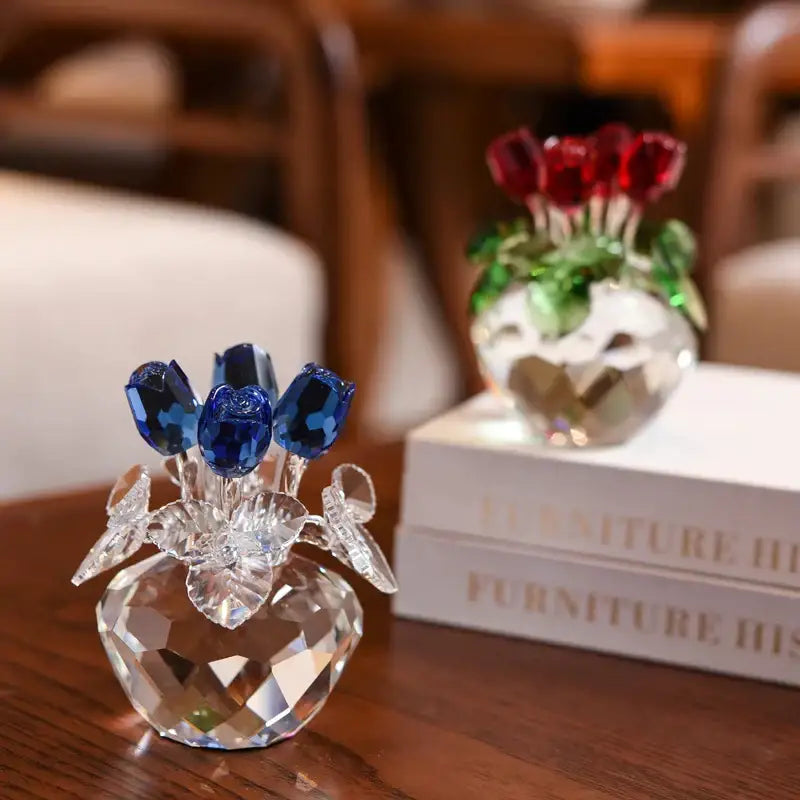 A sparkling crystal glass paperweight bouquet with deep blue faceted tulips for rose flower dreams decor