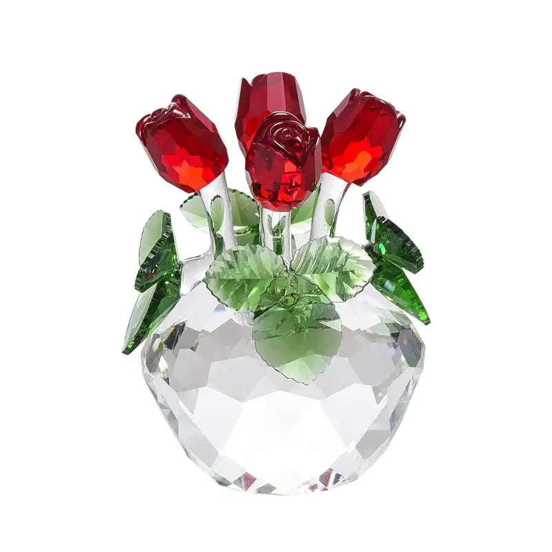 A sparkling crystal glass paperweight bouquet featuring red rose flower dreams and green leaf accents for decor