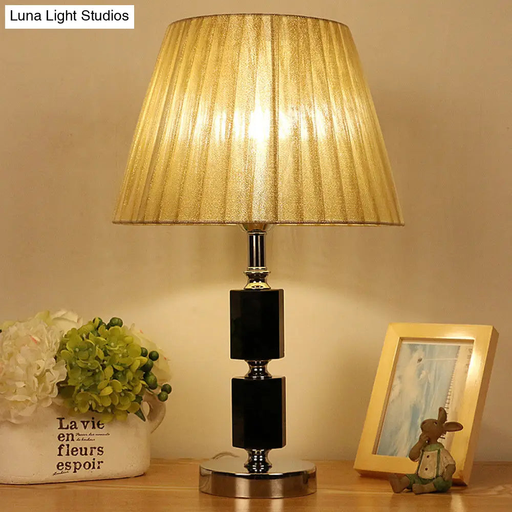 Crystal Table Lamp - Single Bulb, Countryside Beige, Tapered Drum Design - Bedroom Night Light