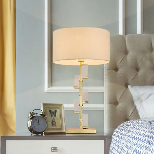 Crystal Table Lamp - White Drum Shade, Simplicity Design, Bedside Desk Light with Fabric Shade