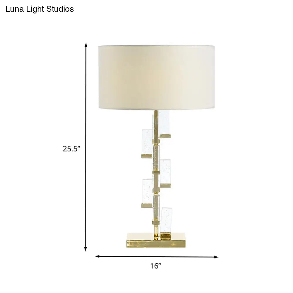مصباح طاولة كريستالي - غطاء أسطواني أبيض، تصميم بسيط، إضاءة مكتب بجانب السرير مع غطاء من القماش
