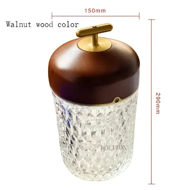 Crystal table lamp with faceted glass jar and walnut wood lid with brass handle for bedroom night light