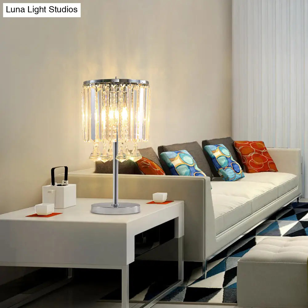 مصباح طاولة من الكروم على شكل دمعة كريستالية مع ظلال أسطوانية حديثة متعددة الأوجه - مصباح عمل برأسين