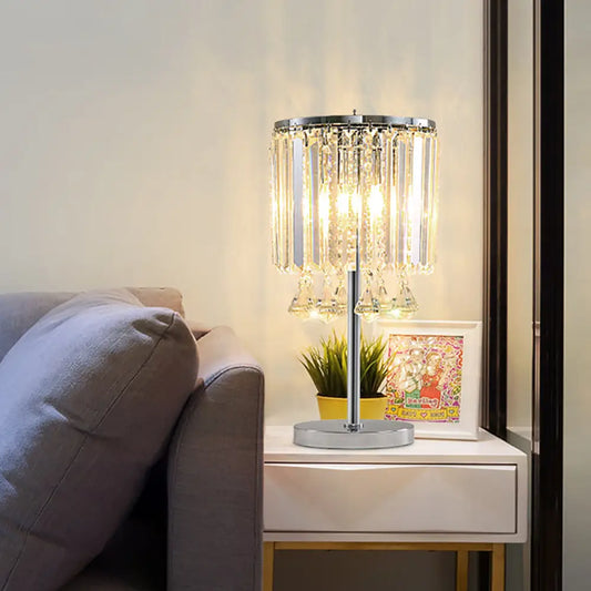 Crystal Teardrop Chrome Table Lamp with Modern Faceted Drum Shades - 2 Head Task Light