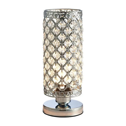 Cylindrical crystal touch bedside lamp with chrome lattice metal frame and clear crystal facets for bedroom decorbites crystal touch