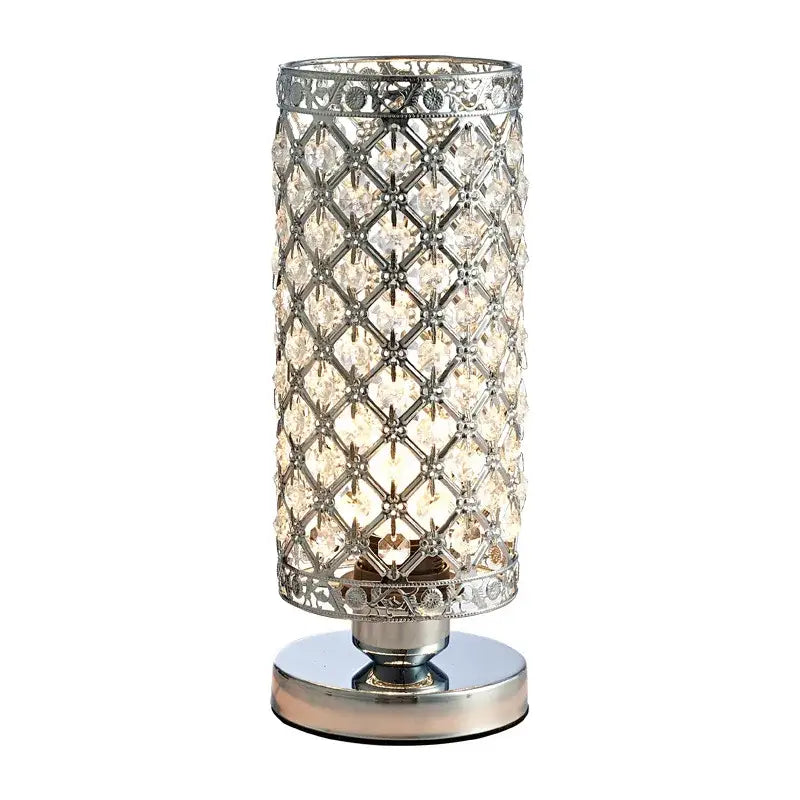 Cylindrical crystal touch bedside lamp with chrome lattice metal frame and clear crystal facets for bedroom decorbites crystal touch