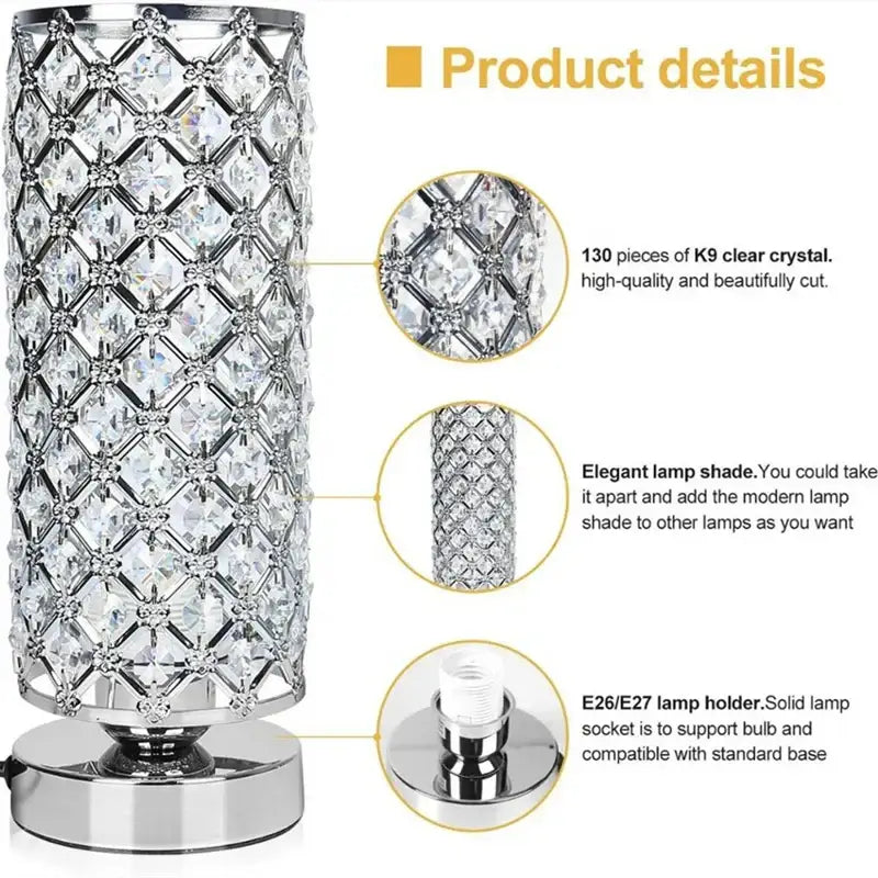 Elegant crystal touch bedside lamp with silver chrome base and diamond-patterned k9 crystal shade by decorbites