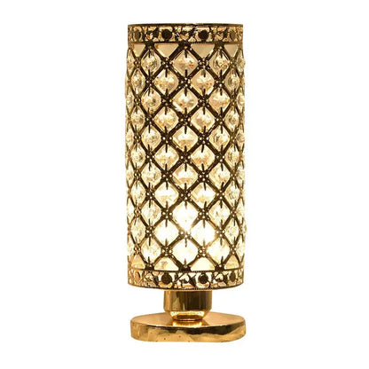Gold-toned crystal touch bedside lamp with diamond-patterned clear faceted crystals for elegant bedroom decor