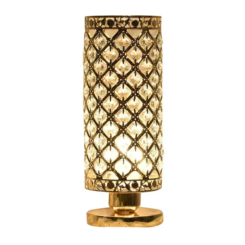 Gold-toned crystal touch bedside lamp with diamond-patterned clear faceted crystals for elegant bedroom decor
