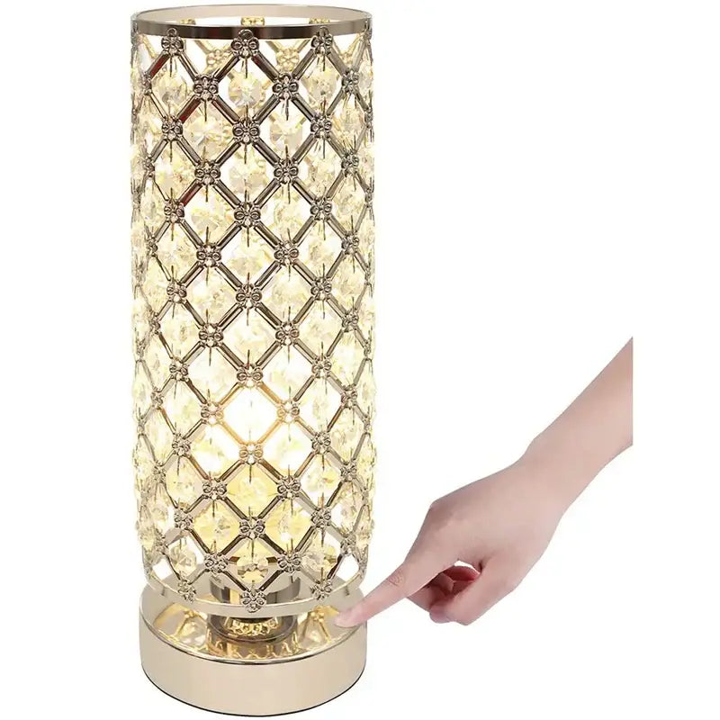Gold-toned crystal touch bedside lamp with chrome lattice and clear facets for elegant bedroom decorbites crystal touch lighting