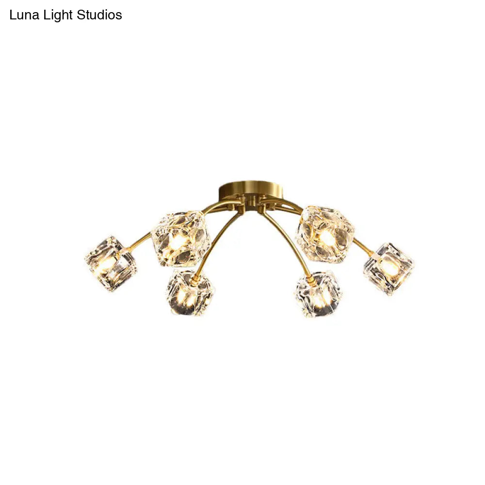 DecorBites™ DecorBites™ Cubic Restaurant Semi Flush Light with Clear Crystal Block - 6-Light Brass Flush Mount