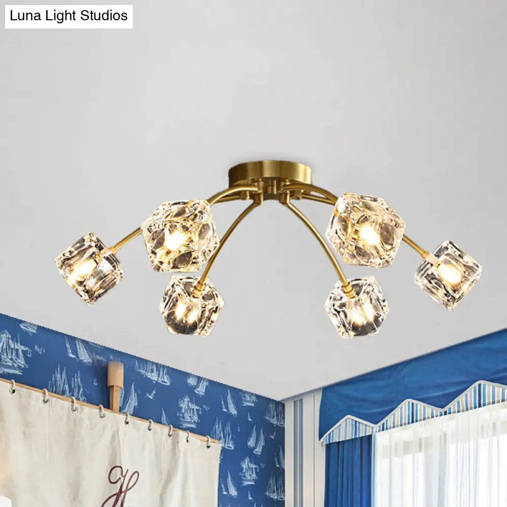 DecorBites™ DecorBites™ Cubic Restaurant Semi Flush Light with Clear Crystal Block - 6-Light Brass Flush Mount