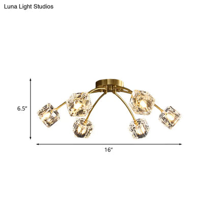 DecorBites™ DecorBites™ Cubic Restaurant Semi Flush Light with Clear Crystal Block - 6-Light Brass Flush Mount