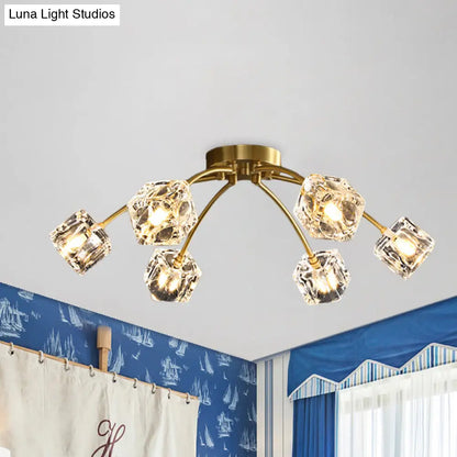DecorBites™ DecorBites™ Cubic Restaurant Semi Flush Light with Clear Crystal Block - 6-Light Brass Flush Mount