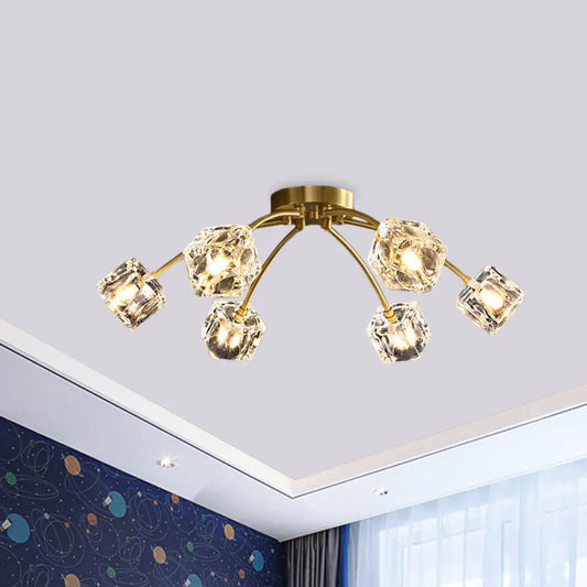 DecorBites™ DecorBites™ Cubic Restaurant Semi Flush Light with Clear Crystal Block - 6-Light Brass Flush Mount