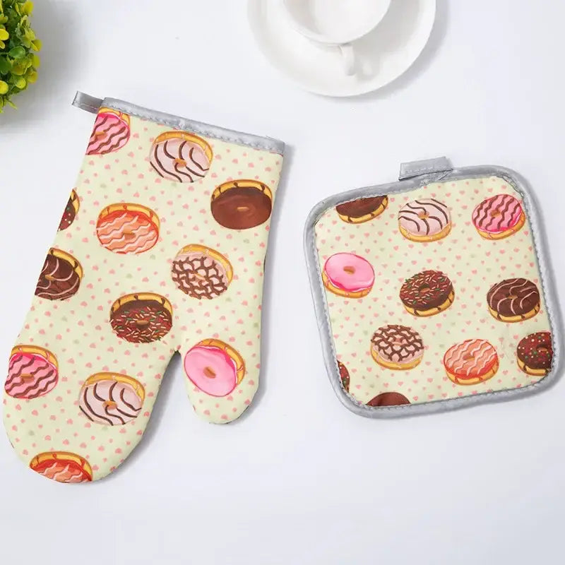 Cream-colored decorbites cotton kitchen baking gloves and pot holder set with playful donut pattern for kitchen baking microwave use