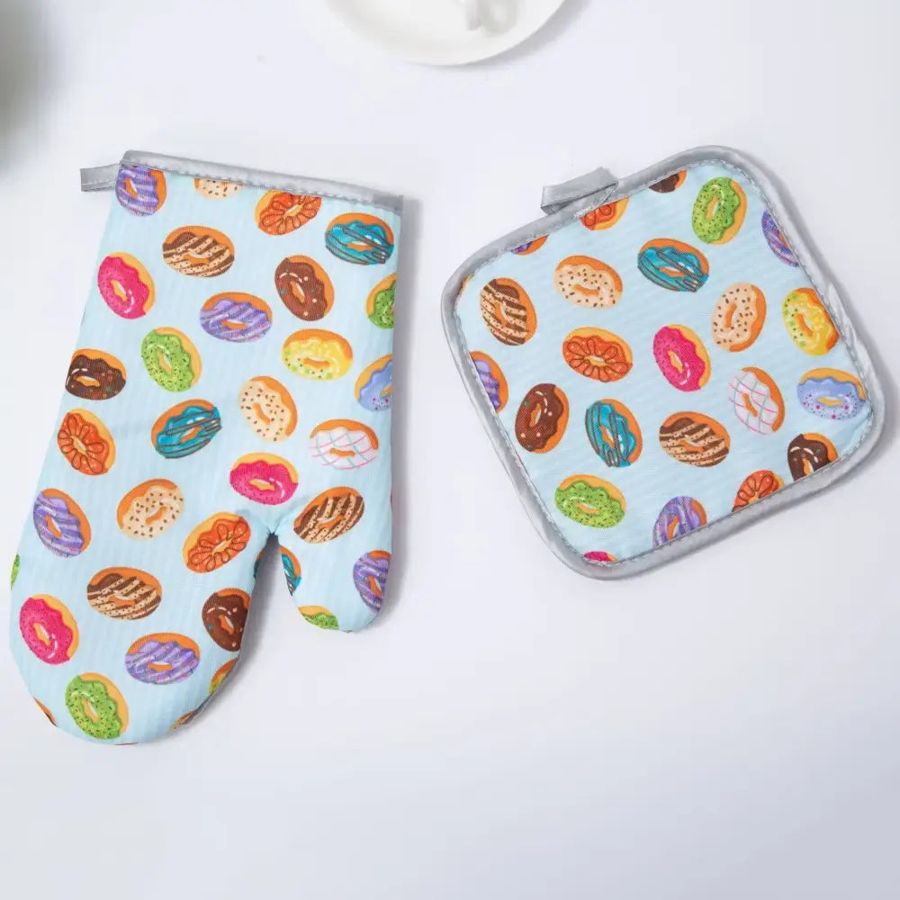 Light blue decorbites cotton kitchen baking gloves and pot holder set with colorful donut print and gray trim