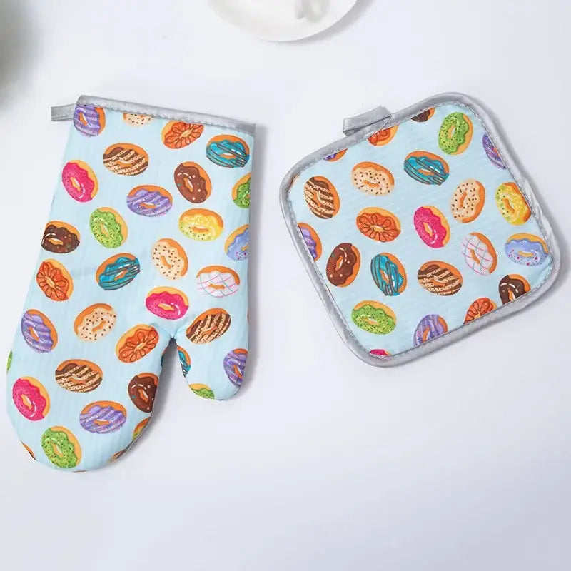 Light blue cotton kitchen baking gloves and pot holder set with playful multicolor donut print for kitchen baking microwave use