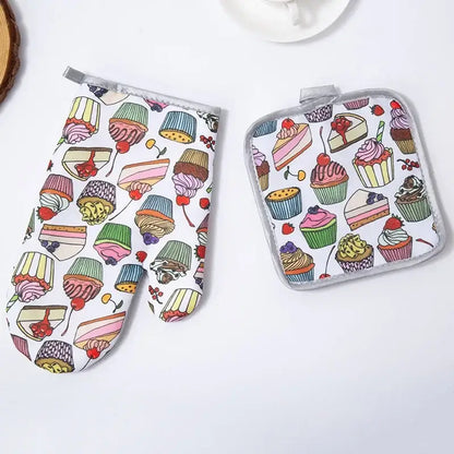A pair of decorbites cotton kitchen baking gloves and pot holder set with colorful dessert illustrations on white background