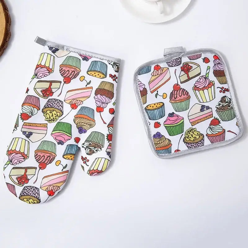 A pair of decorbites cotton kitchen baking gloves and pot holder set with colorful dessert illustrations on white background