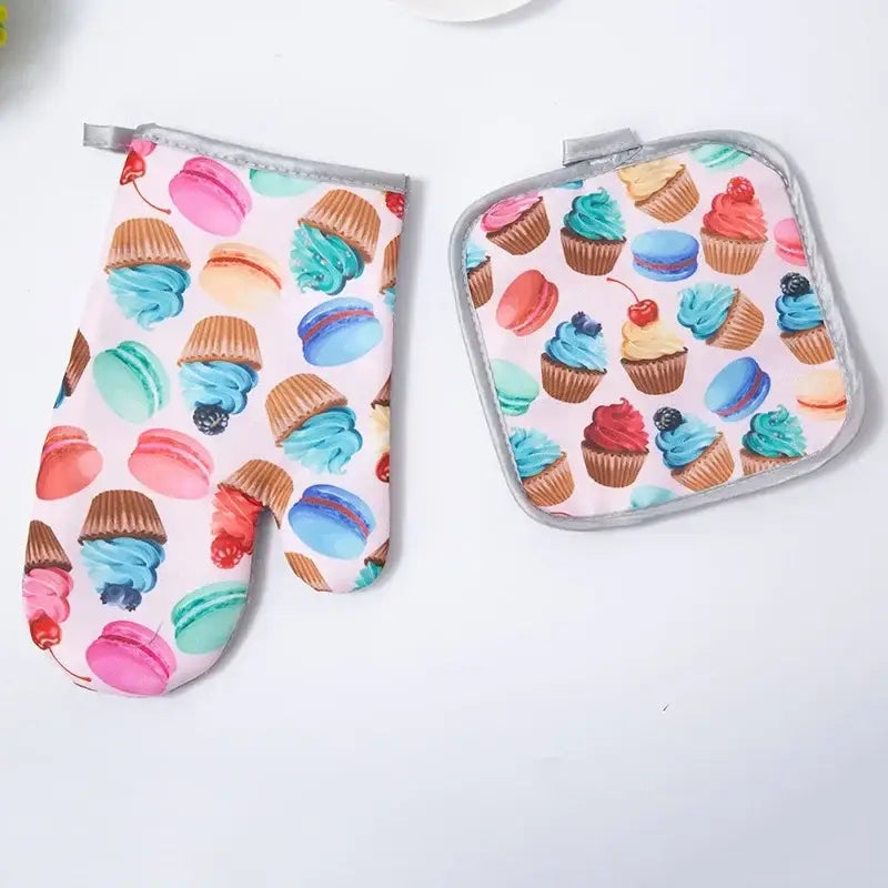Pastel pink decorbites cotton kitchen baking gloves and pot holder set with colorful cupcakes and macarons design