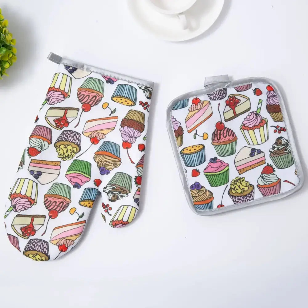 White cotton kitchen baking gloves and pot holder set with colorful cupcake print for decorbites cotton kitchen use