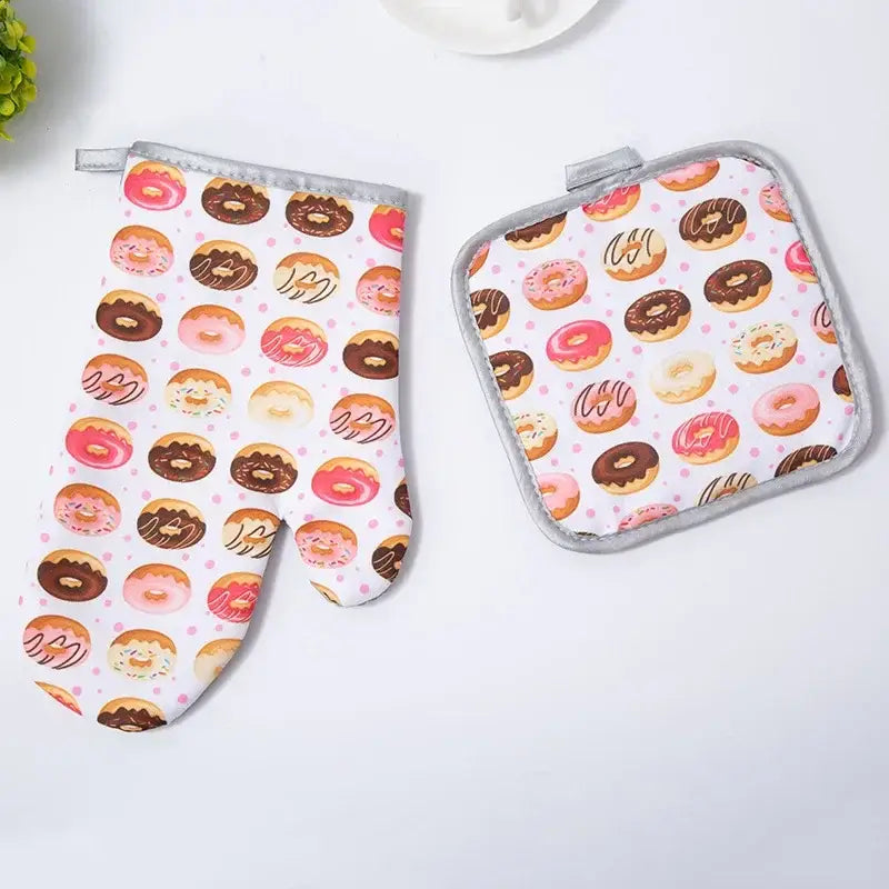 White decorbites cotton kitchen baking gloves and pot holder set with colorful donut pattern and gray trim for kitchen baking microwave use
