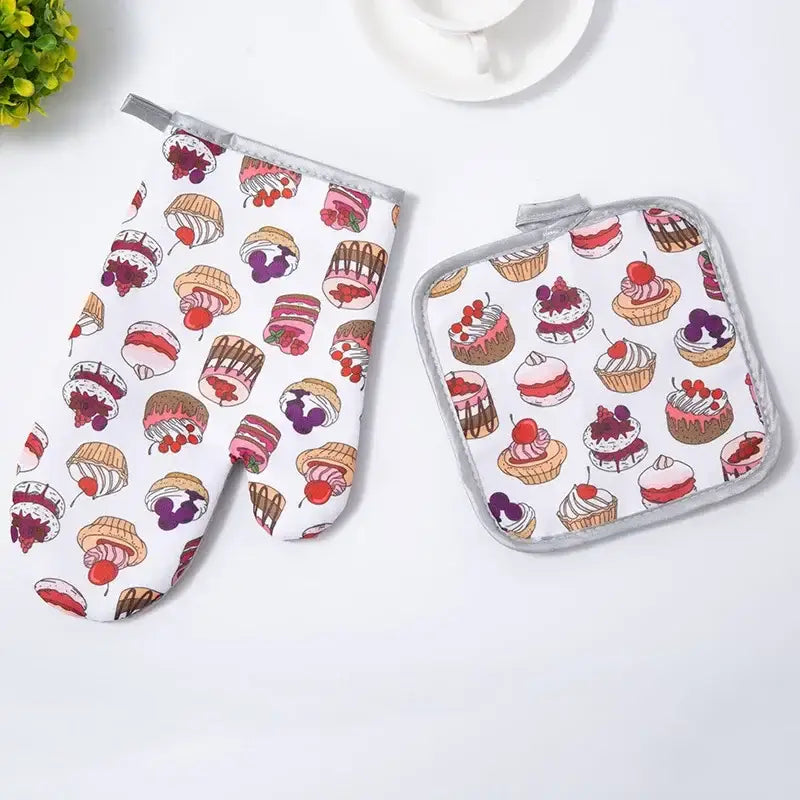 White cotton kitchen baking gloves and pot holder set with colorful cupcake print for decorbites cotton kitchen use