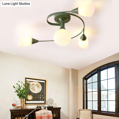 Curly Semi Flush Mount Ceiling Lamp with Nordic Iron & White Glass Shade - 4/6 Head Options in Grey, Pink, or Yellow