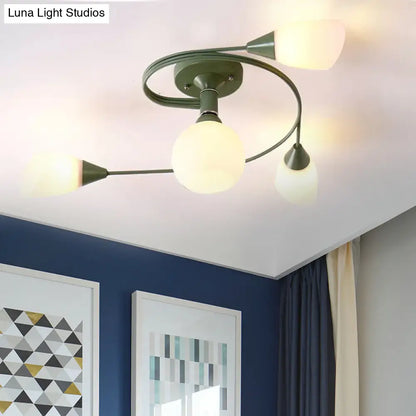 Curly Semi Flush Mount Ceiling Lamp with Nordic Iron & White Glass Shade - 4/6 Head Options in Grey, Pink, or Yellow