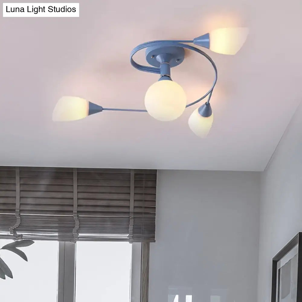 Curly Semi Flush Mount Ceiling Lamp with Nordic Iron & White Glass Shade - 4/6 Head Options in Grey, Pink, or Yellow