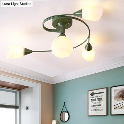 Curly Semi Flush Mount Ceiling Lamp with Nordic Iron & White Glass Shade - 4/6 Head Options in Grey, Pink, or Yellow