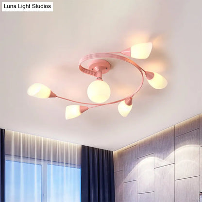 Curly Semi Flush Mount Ceiling Lamp with Nordic Iron & White Glass Shade - 4/6 Head Options in Grey, Pink, or Yellow