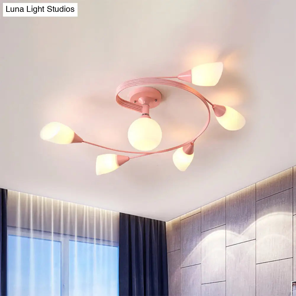 Curly Semi Flush Mount Ceiling Lamp with Nordic Iron & White Glass Shade - 4/6 Head Options in Grey, Pink, or Yellow