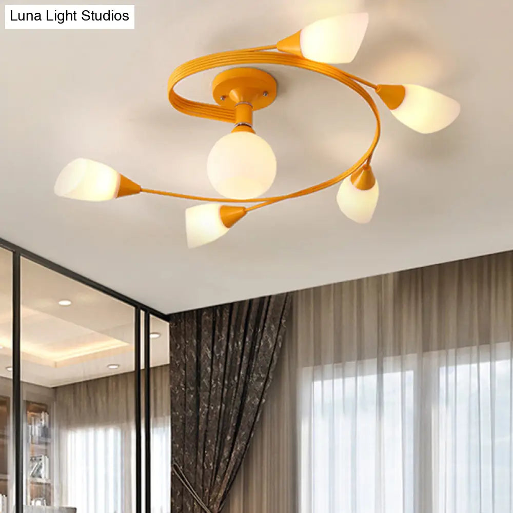 Curly Semi Flush Mount Ceiling Lamp with Nordic Iron & White Glass Shade - 4/6 Head Options in Grey, Pink, or Yellow