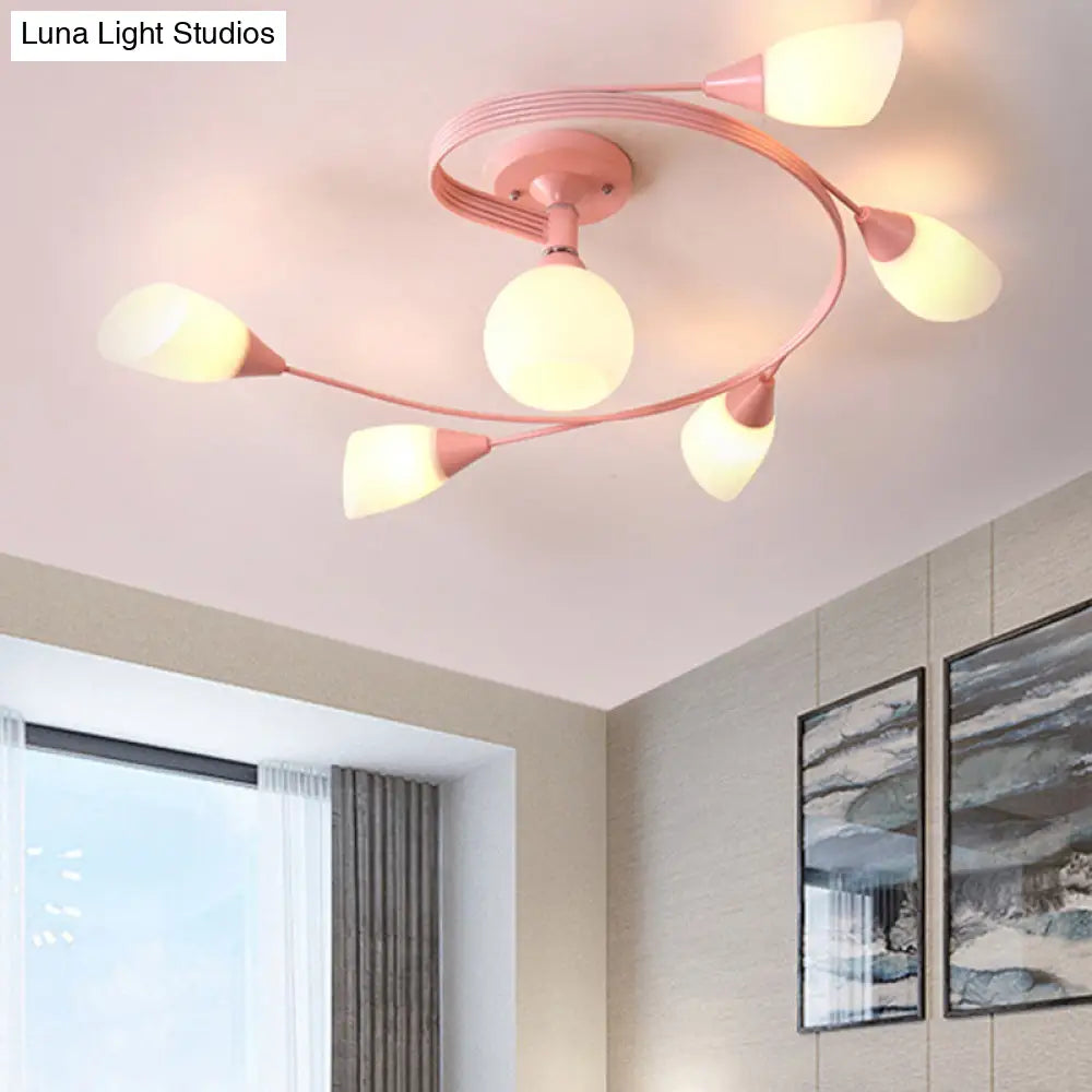 Curly Semi Flush Mount Ceiling Lamp with Nordic Iron & White Glass Shade - 4/6 Head Options in Grey, Pink, or Yellow