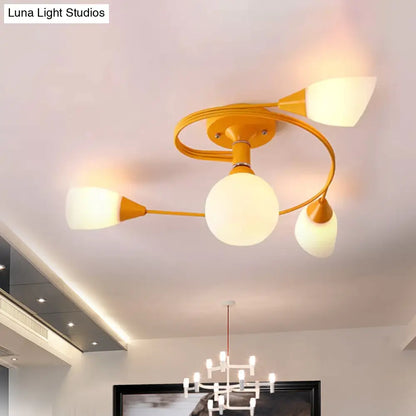 Curly Semi Flush Mount Ceiling Lamp with Nordic Iron & White Glass Shade - 4/6 Head Options in Grey, Pink, or Yellow