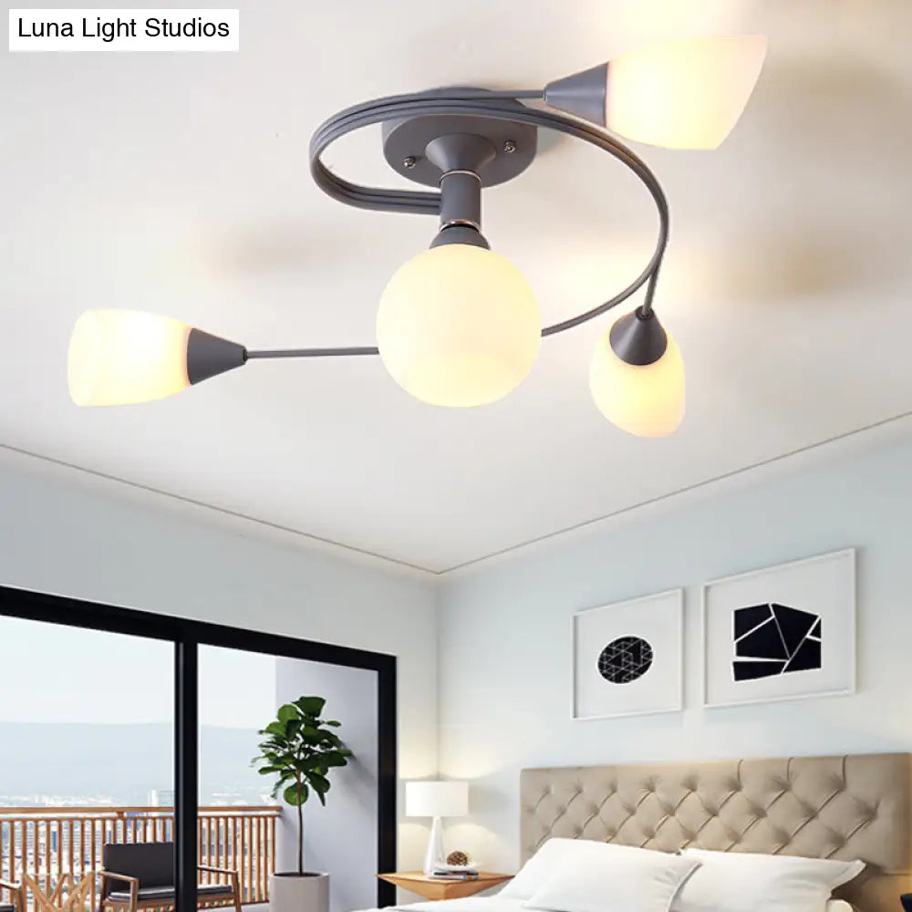 Curly Semi Flush Mount Ceiling Lamp with Nordic Iron & White Glass Shade - 4/6 Head Options in Grey, Pink, or Yellow