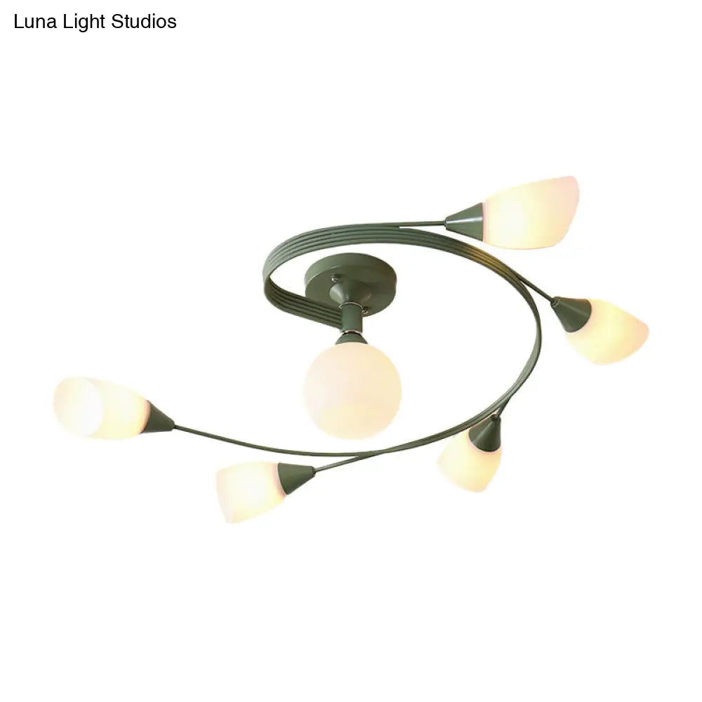 Curly Semi Flush Mount Ceiling Lamp with Nordic Iron & White Glass Shade - 4/6 Head Options in Grey, Pink, or Yellow