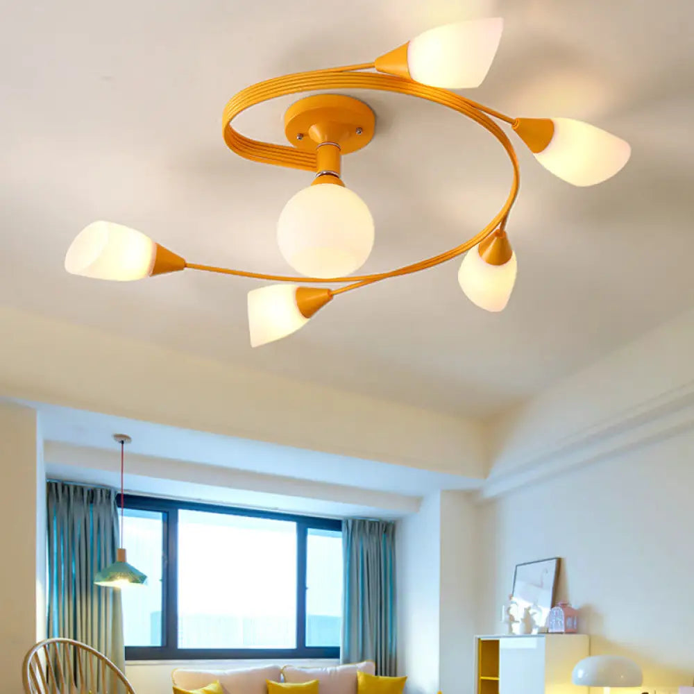 Curly Semi Flush Mount Ceiling Lamp with Nordic Iron & White Glass Shade - 4/6 Head Options in Grey, Pink, or Yellow